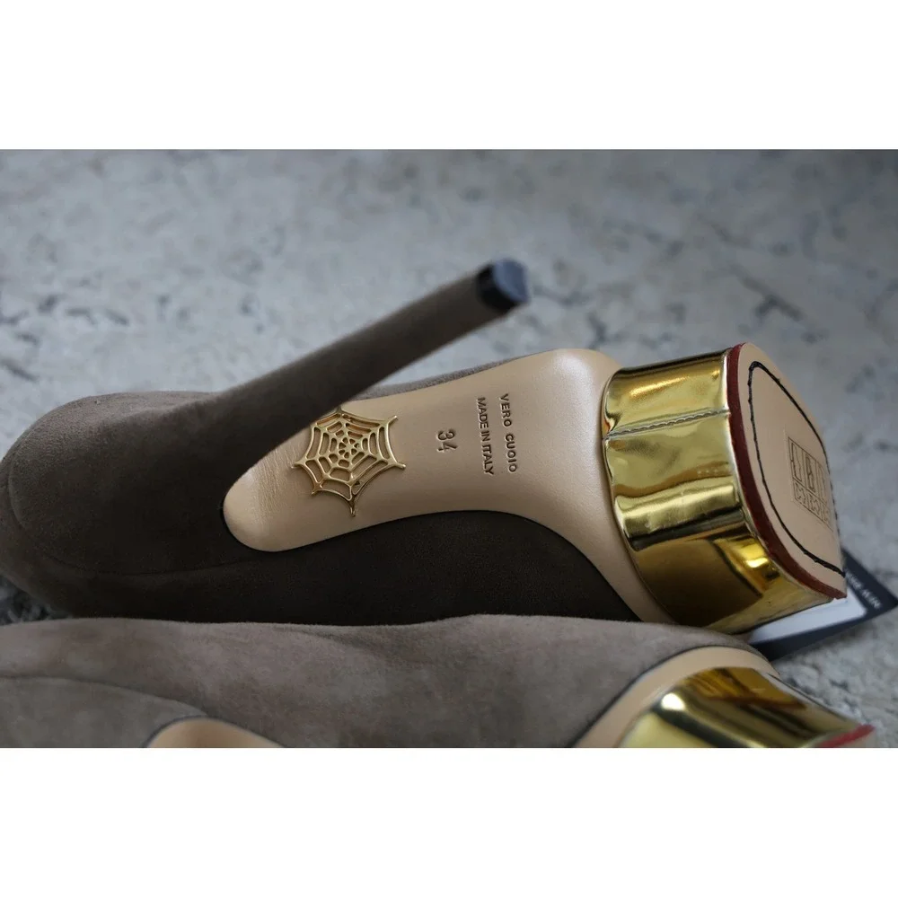 Charlotte Olympia Peep Toe Platform Heels Taupe Suede Gold Stiletto US 4 EU 34‎